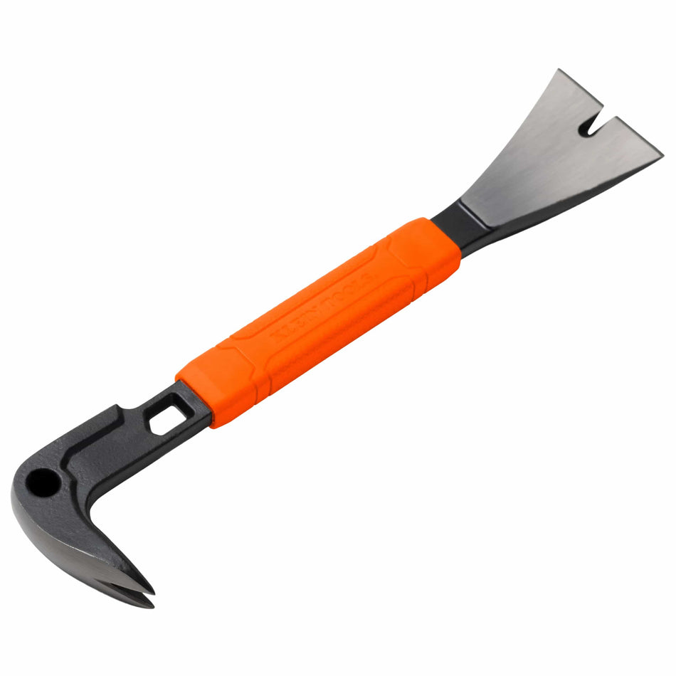 Full side profile of the carbon steel molding bar showcasing the matte black corrosion-resistant finish and the ergonomic orange vibration-dampening handle.