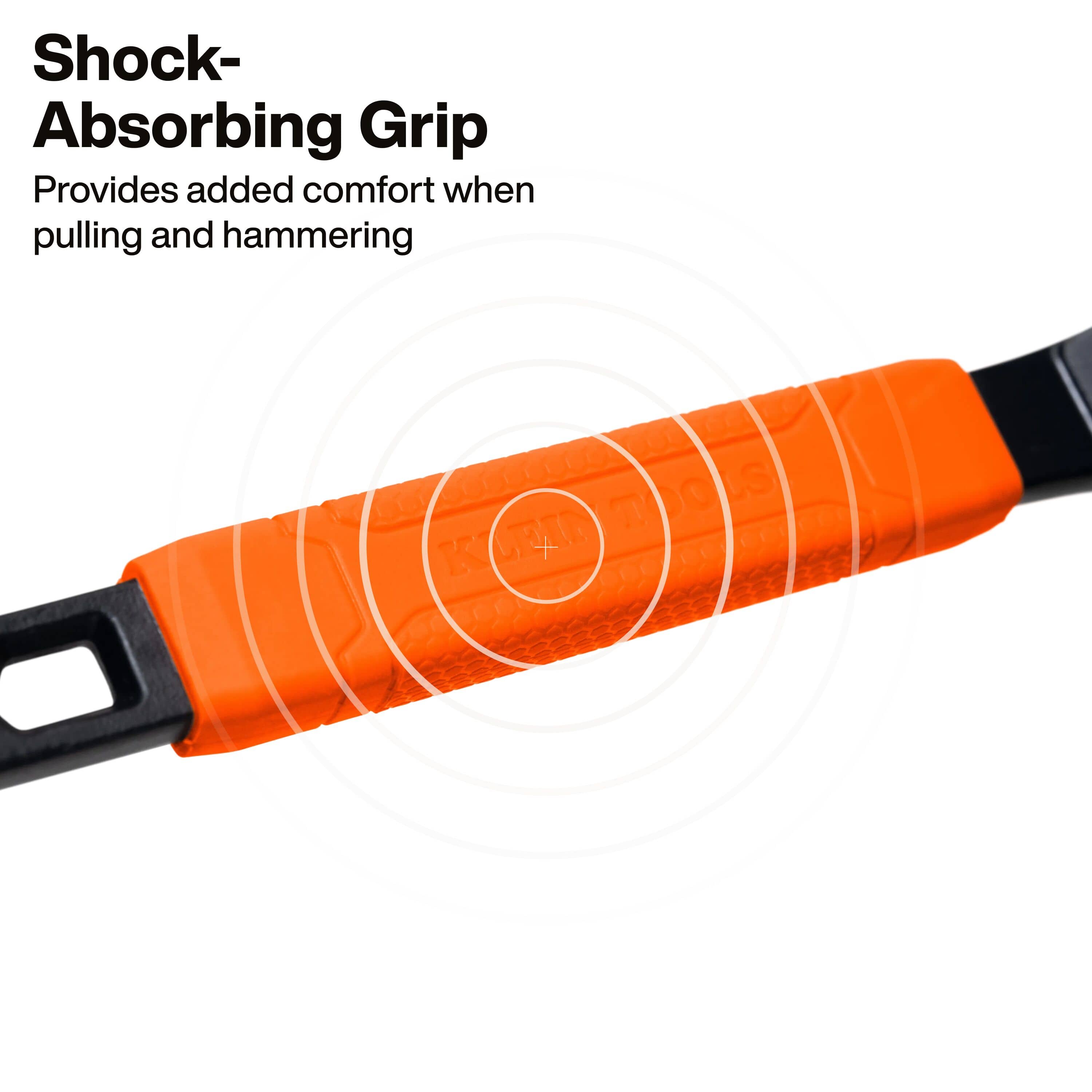 Close-up detail of the orange shock-absorbing TPR grip designed to provide added user comfort during repetitive prying, pulling, and hammering tasks.