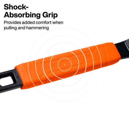 Close-up detail of the orange shock-absorbing TPR grip designed to provide added user comfort during repetitive prying, pulling, and hammering tasks.