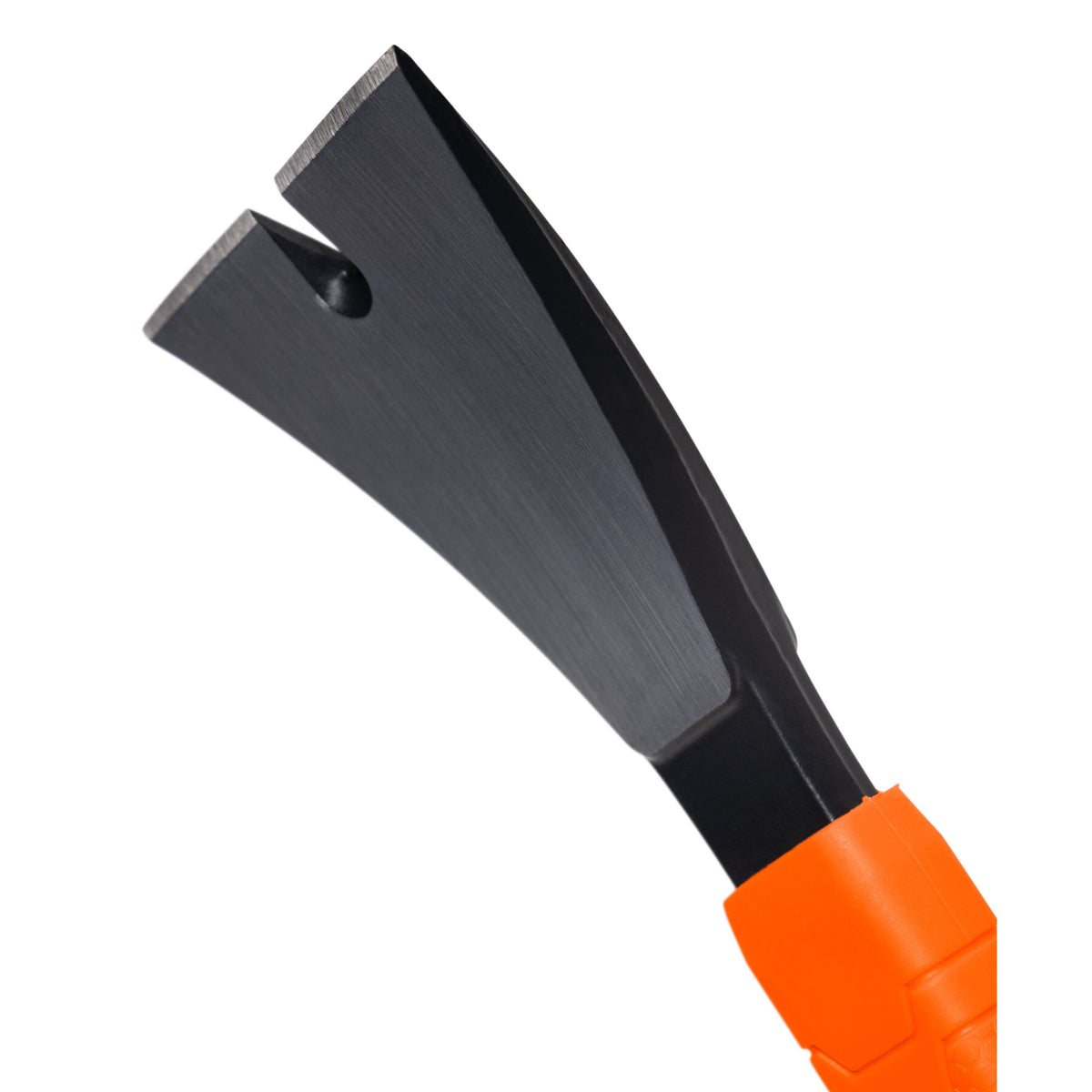 Close-up perspective of the sharp, precision-ground flat prying claw illustrating the thin profile and center notch designed for efficient nail extraction.