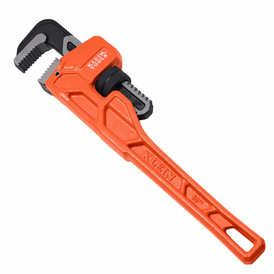 Full side profile of the Klein Tools 68210 10-inch cast iron pipe wrench featuring a high-visibility orange powder-coated I-beam handle and heavy-duty adjustable forged steel jaws.