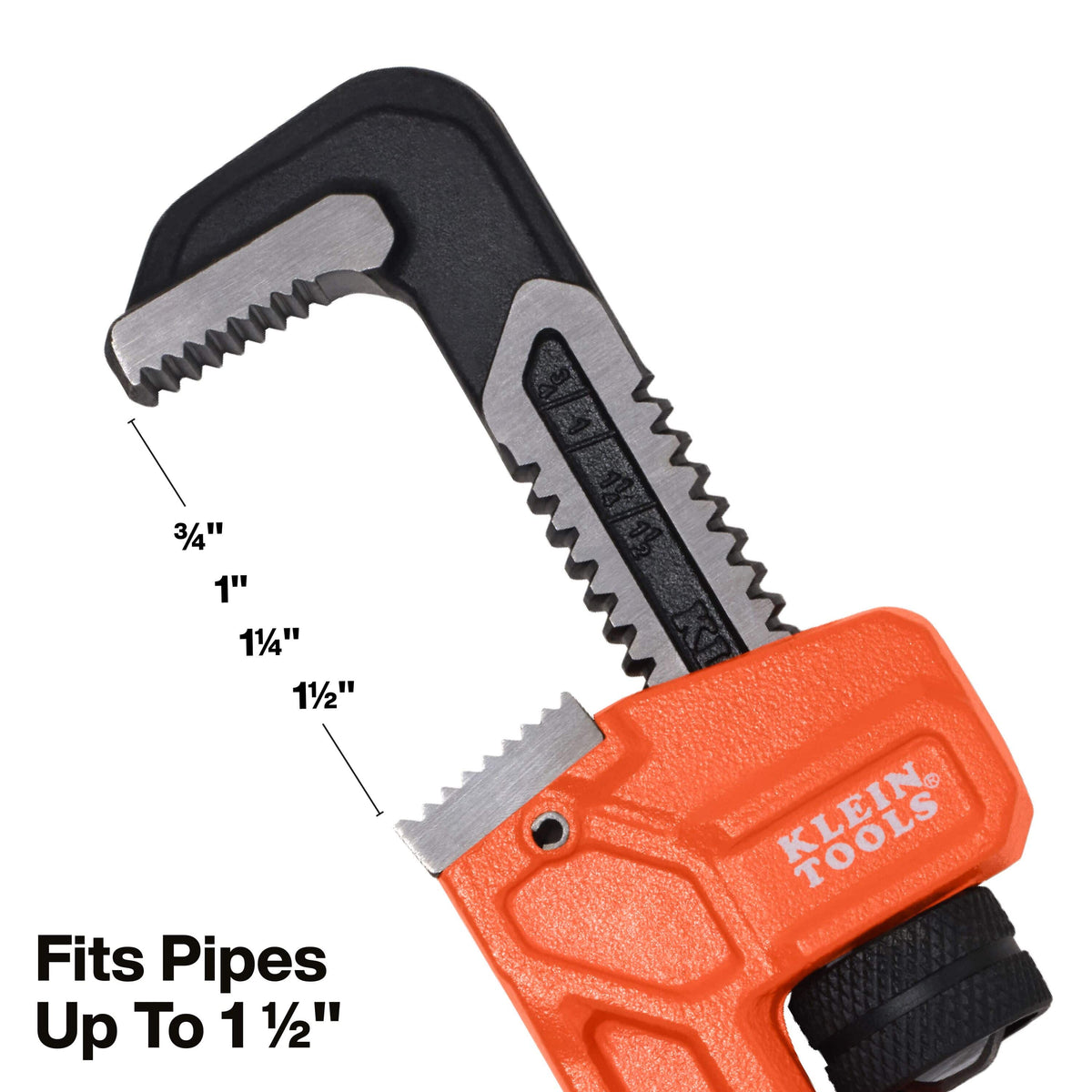 Close-up of the adjustable pipe wrench jaw featuring clear size markings from 3/4 inch to 1-1/2 inches for rapid and accurate sizing on various pipe diameters.