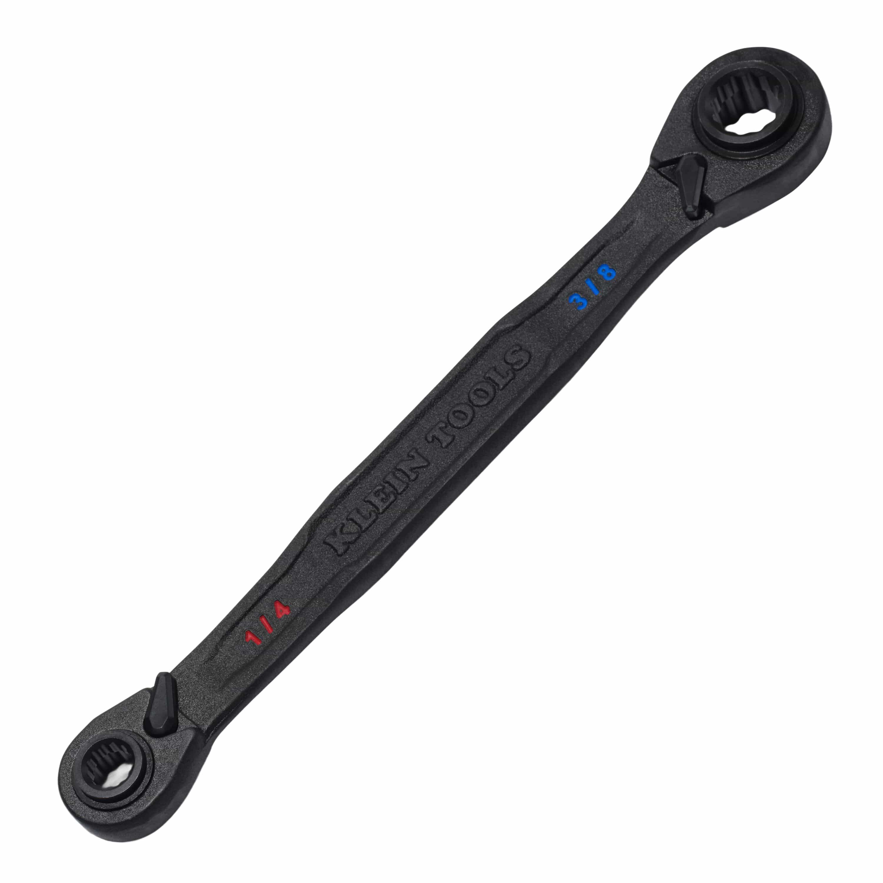 A studio product shot of the Klein Tools 68214 4-in-1 SAE reversible ratcheting wrench featuring a rugged black phosphate finish and high-visibility color-coded size markings for 1/4-inch and 3/8-inch fasteners.