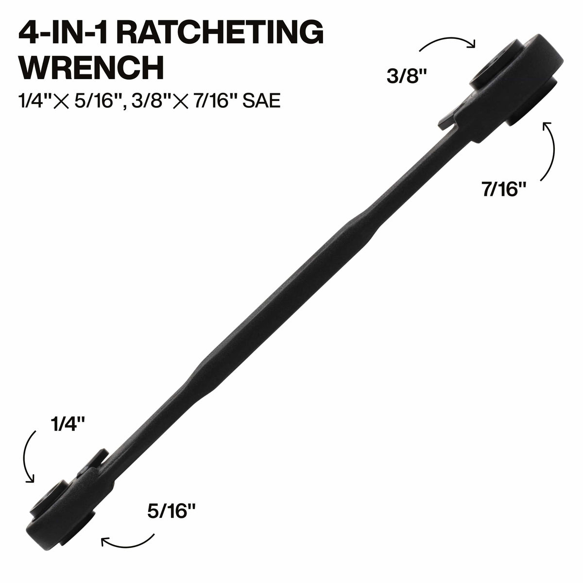 A component breakdown graphic showing the four specific SAE hex sizes integrated into the 68214 wrench, detailing the 1/4-inch x 5/16-inch and 3/8-inch x 7/16-inch end combinations for versatile mechanical work.