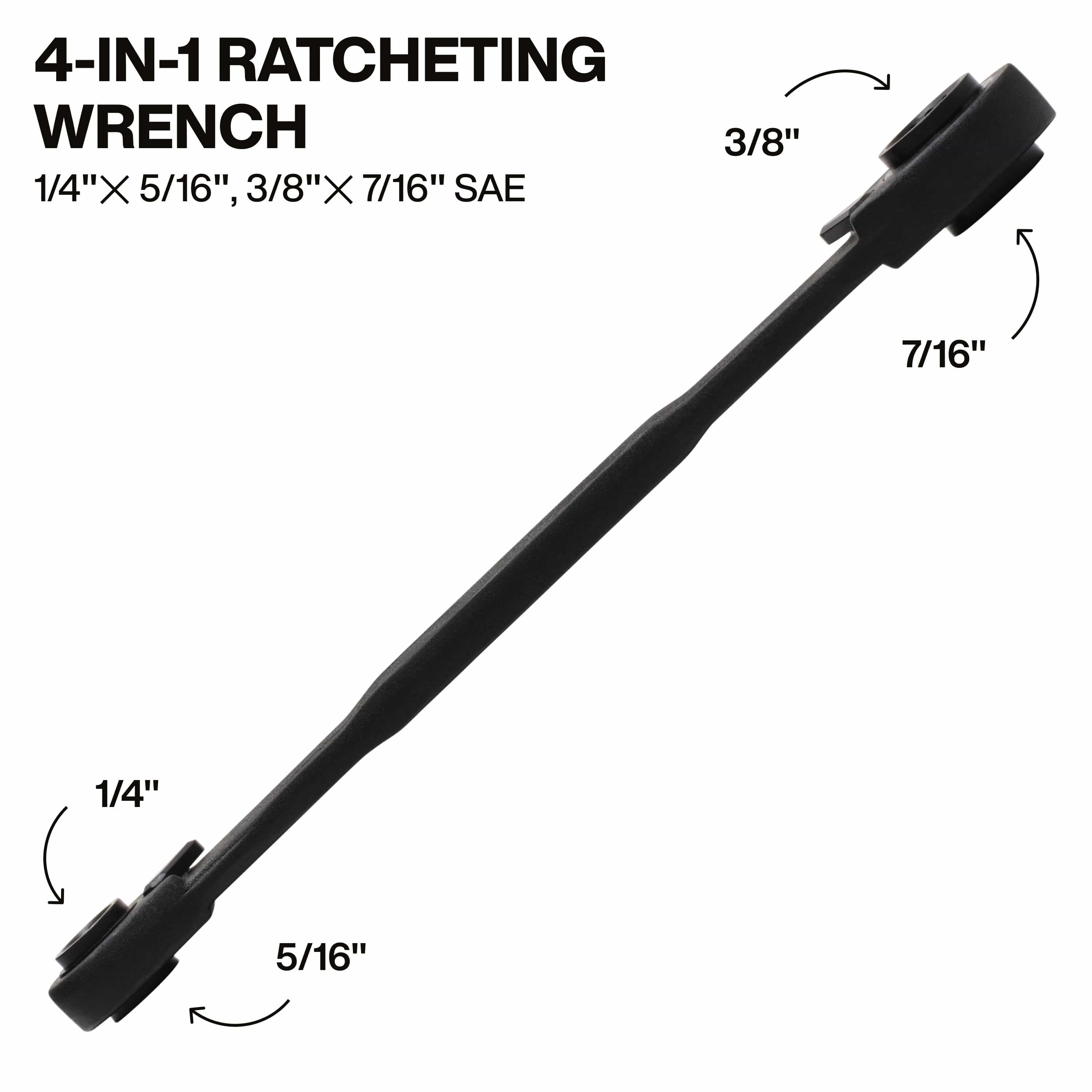 A component breakdown graphic showing the four specific SAE hex sizes integrated into the 68214 wrench, detailing the 1/4-inch x 5/16-inch and 3/8-inch x 7/16-inch end combinations for versatile mechanical work.