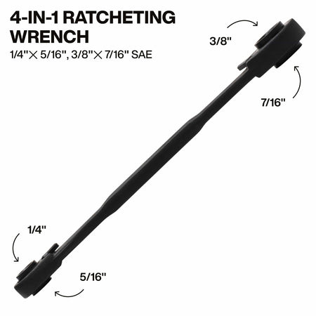A component breakdown graphic showing the four specific SAE hex sizes integrated into the 68214 wrench, detailing the 1/4-inch x 5/16-inch and 3/8-inch x 7/16-inch end combinations for versatile mechanical work.