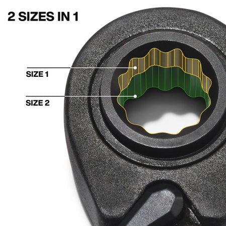 A technical close-up of the 2-sizes-in-1 box end design, showcasing the internal 12-point stepped socket architecture that allows a single ratcheting head to accommodate two different SAE fastener sizes.