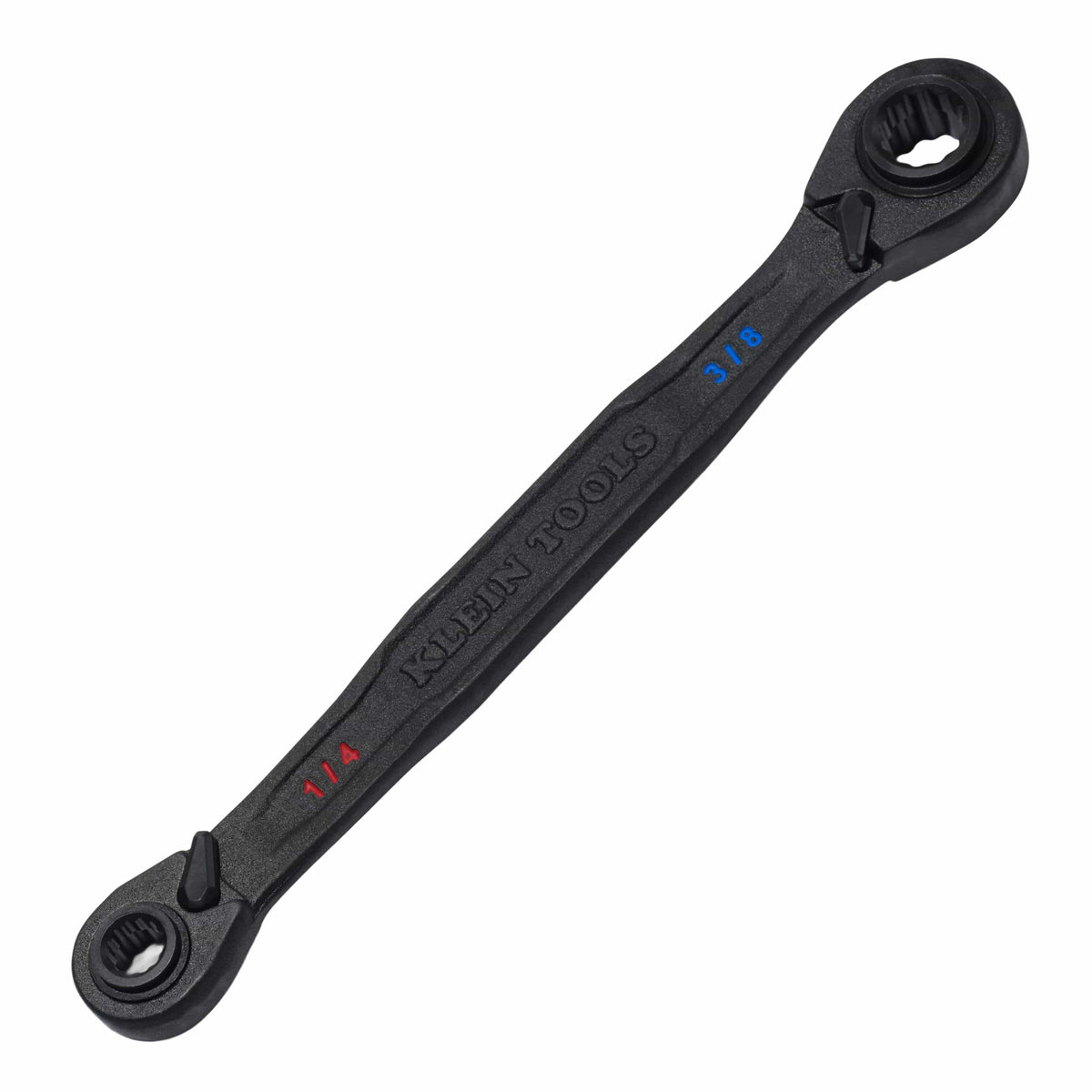 A final product display of the compact Klein Tools 68214 4-in-1 reversible ratcheting wrench, emphasizing the ergonomic I-beam handle and professional-grade corrosion-resistant finish.