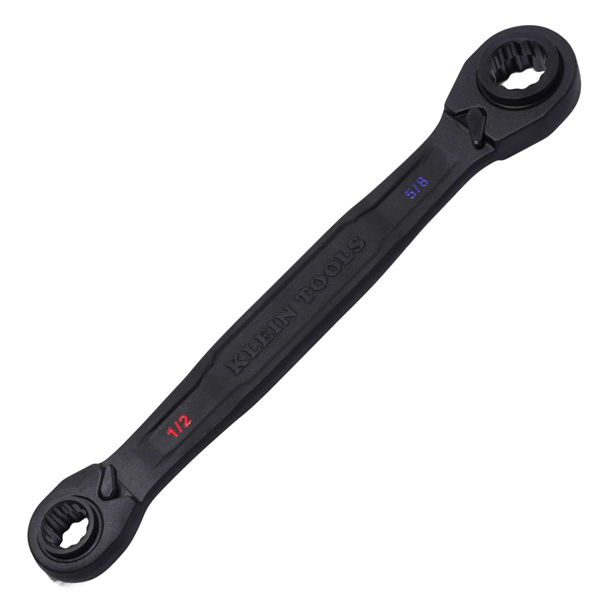 A studio shot of the Klein Tools 68215 4-in-1 SAE reversible ratcheting wrench featuring a professional black phosphate finish, an ergonomic I-beam handle, and high-visibility color-coded size markings at both ends.