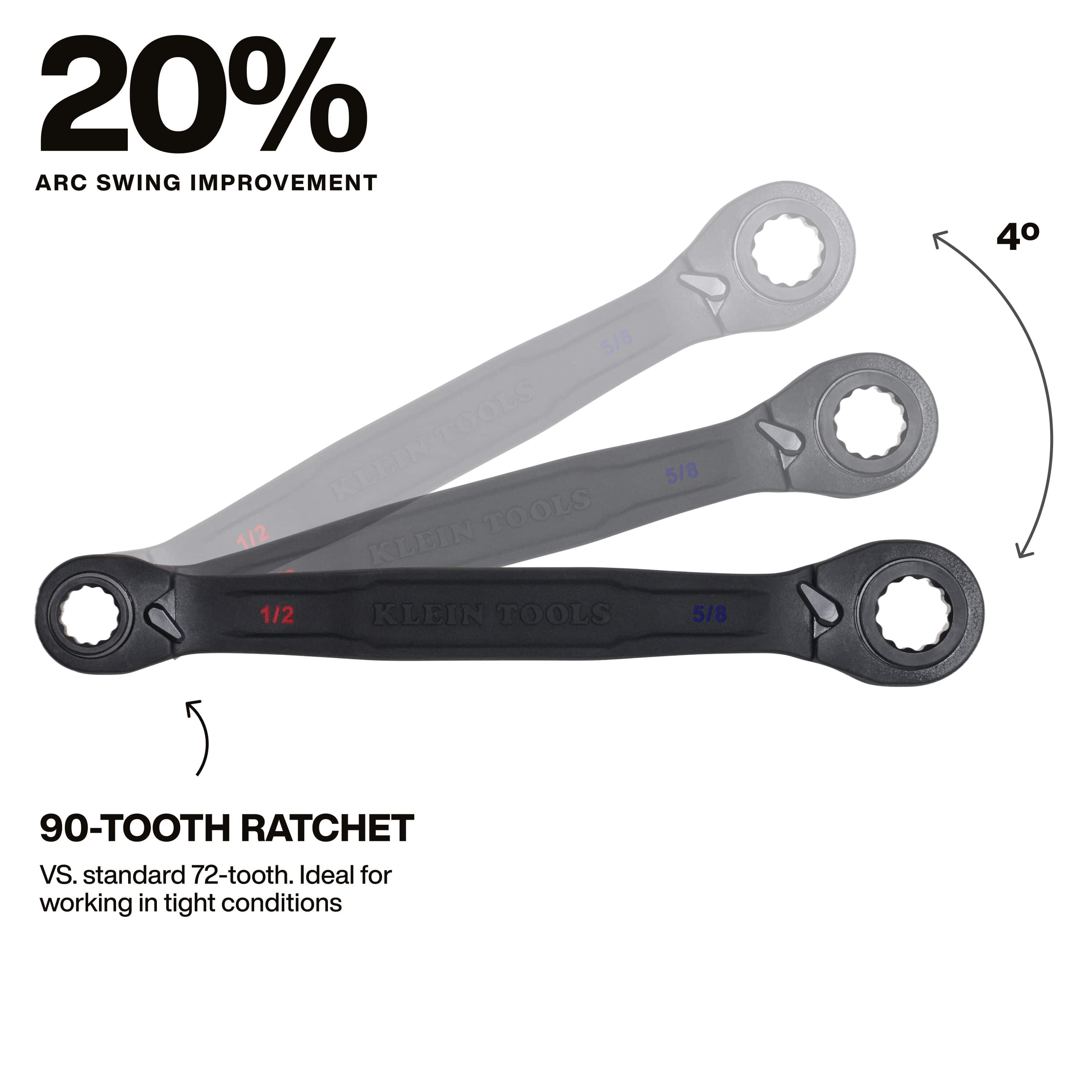 An infographic demonstrating the 20% arc swing improvement of the 90-tooth ratcheting mechanism, highlighting a minimal 4-degree movement range compared to standard 72-tooth wrenches for superior performance in tight spaces.