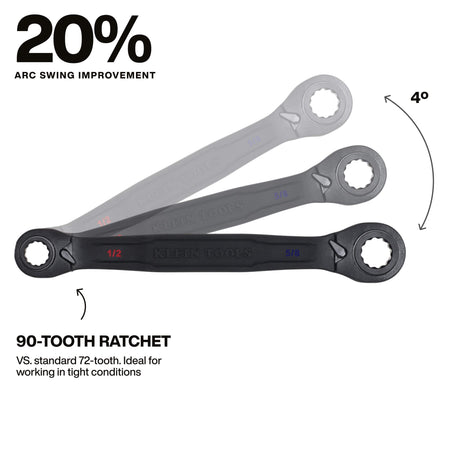 An infographic demonstrating the 20% arc swing improvement of the 90-tooth ratcheting mechanism, highlighting a minimal 4-degree movement range compared to standard 72-tooth wrenches for superior performance in tight spaces.