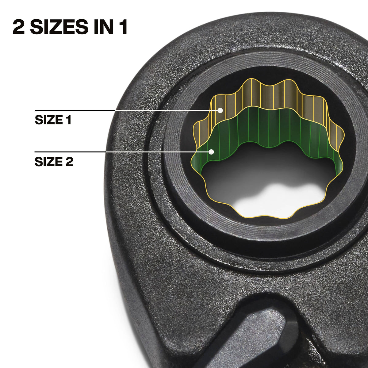 A technical close-up of the 2-sizes-in-1 box end design, showcasing the internal 12-point stepped socket architecture that allow a single wrench head to accommodate two different SAE fastener sizes.