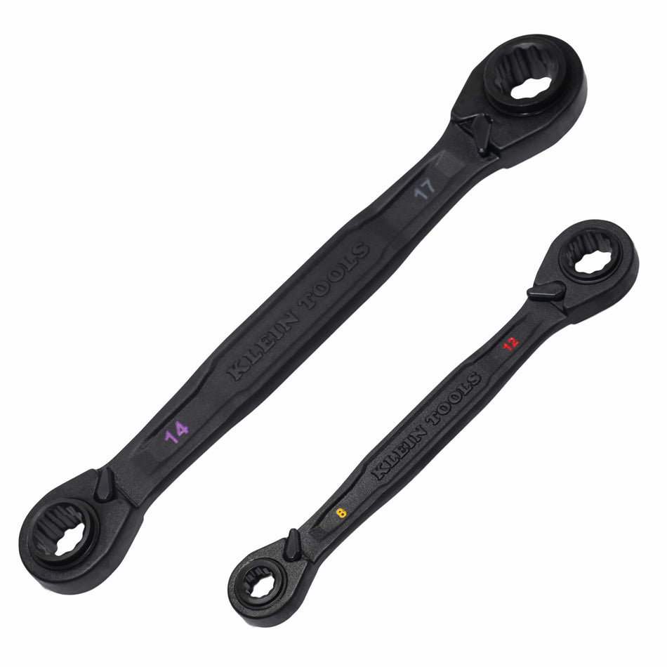 A studio shot of the 2-piece Klein Tools 68216M metric ratcheting wrench set, featuring a larger 17mm x 19mm and 14mm x 15mm wrench alongside a smaller 12mm x 13mm and 8mm x 10mm wrench, both with professional black phosphate finishes and ergonomic I-beam handles.