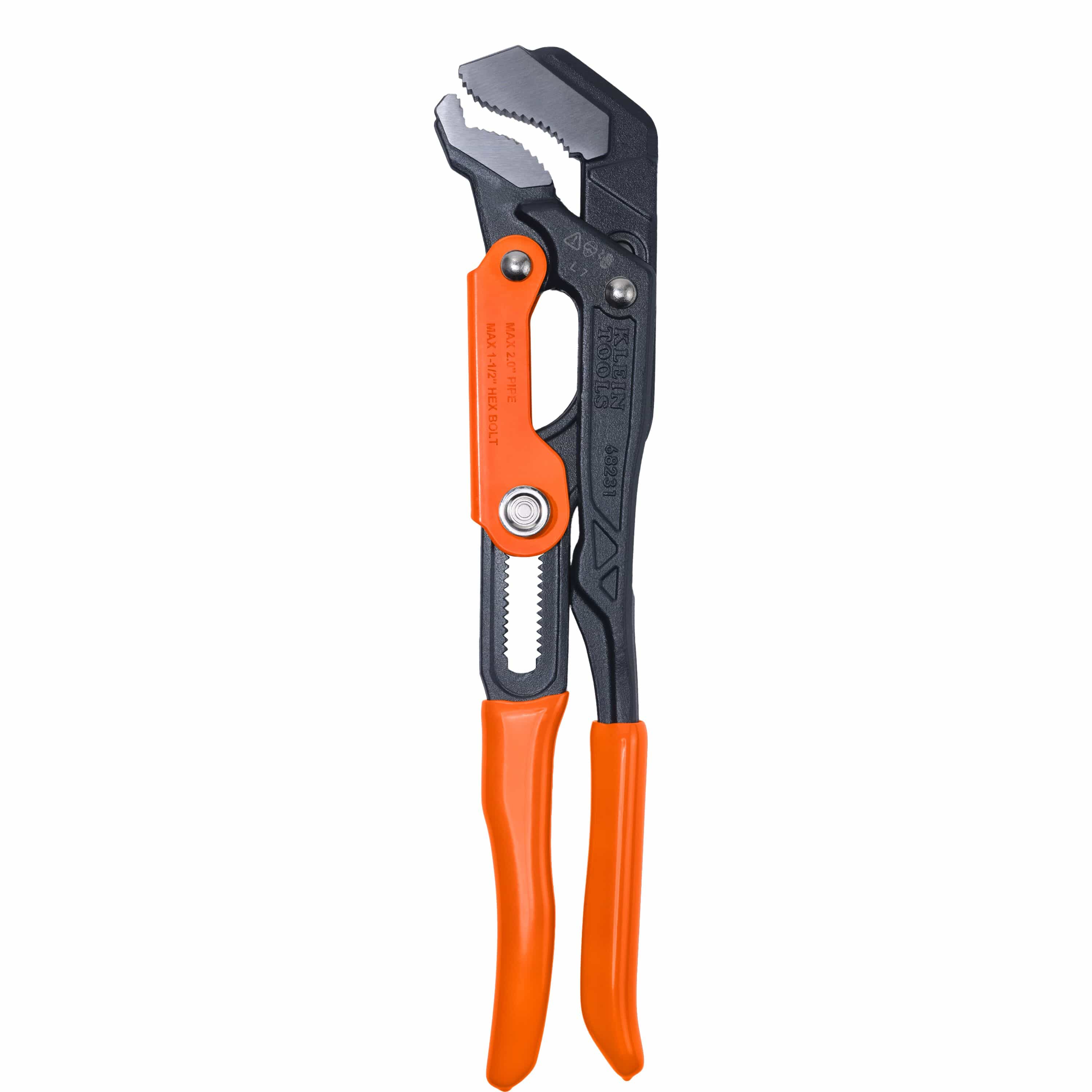 Klein Tools 68231 quick-adjust S-jaw pipe wrench full vertical profile, showcasing the heavy-duty forged steel body, textured black-oxide finish frame, an orange size-adjustment plate, and dual plastisol dipped bright orange comfort handles isolated on a white background.