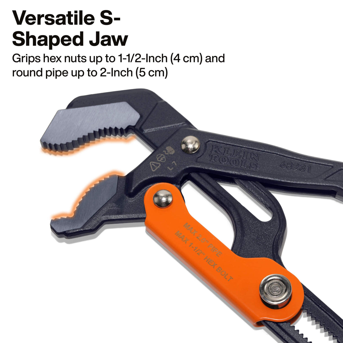 Klein Tools plumbing tool infographic titled Versatile S-Shaped Jaw, explaining capabilities that grip hex nuts up to 1-1/2-Inch and round pipe up to 2-Inch, focusing on a macro close-up view of the drop-forged curved jaw teeth and the orange metal adjustment scale.