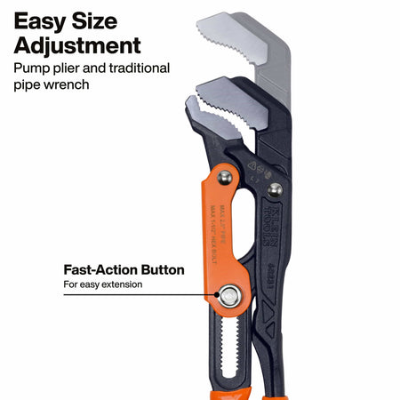 A product feature graphic titled Easy Size Adjustment, highlighting how it combines a pump plier and traditional pipe wrench, featuring an explicit callout pointing to the fast-action button mechanism engineered for rapid jaw tracking and easy size extension.