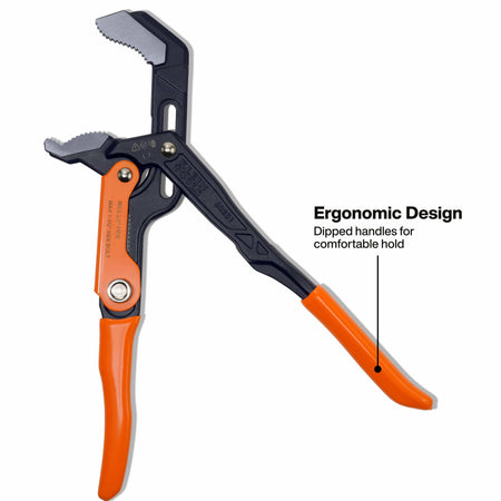 An informative structural diagram titled Ergonomic Design, displaying the 17-inch quick-adjust plumbing wrench locked wide open to showcase the high-leverage alloy steel handles and an explicit callout pointing to the non-slip orange plastisol dipped grips for a comfortable hold.