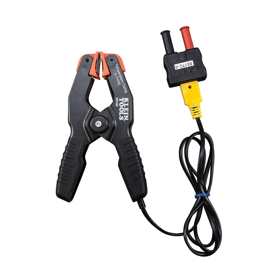A studio product view of the Klein Tools 69140 K-Type Temperature Pipe Clamp. The image shows the heavy-duty black spring clamp with orange jaw accents, a 40-inch flexible lead, and the included K-type to banana plug adapter for professional HVAC temperature testing.