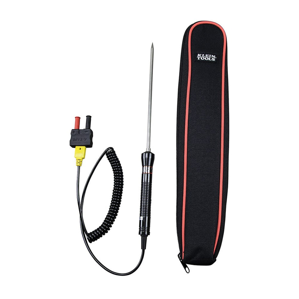 A studio product view of the Klein Tools 69144 K-Type Temperature Probe featuring a long stainless steel sensor, a 5-foot black coiled lead, and a custom black padded storage pouch with the Klein Tools logo. The image also showcases the included yellow K-type to banana plug adapter for professional multimeter connectivity.