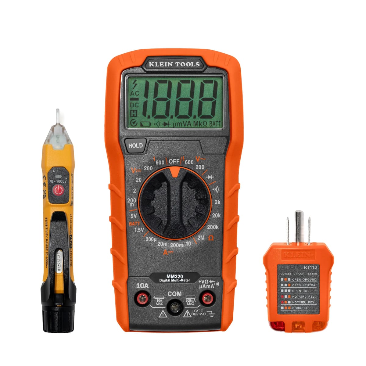 The Klein Tools 69149P three-piece electrical test kit featuring the MM320 manual-ranging digital multimeter, the NCVT-1XT non-contact voltage tester, and the RT110 receptacle tester. The tools are displayed against a white background, showcasing their rugged orange and black construction designed for professional electrical troubleshooting.