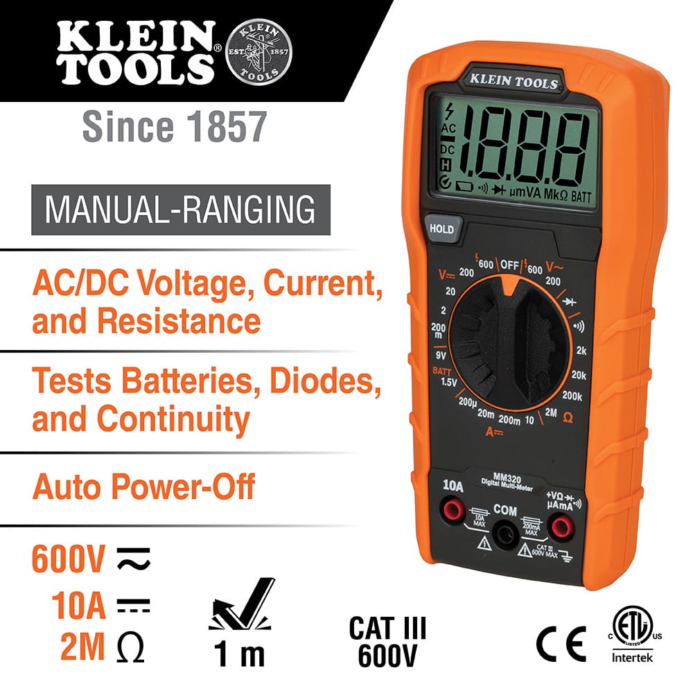 Feature graphic for the Klein Tools MM320 Digital Multimeter highlighting its manual-ranging capabilities for AC/DC voltage, current, and resistance. Icons indicate a 600V voltage rating, 10A current capacity, 2M Ohm resistance, a 1-meter drop protection rating, and CAT III 600V safety certification.