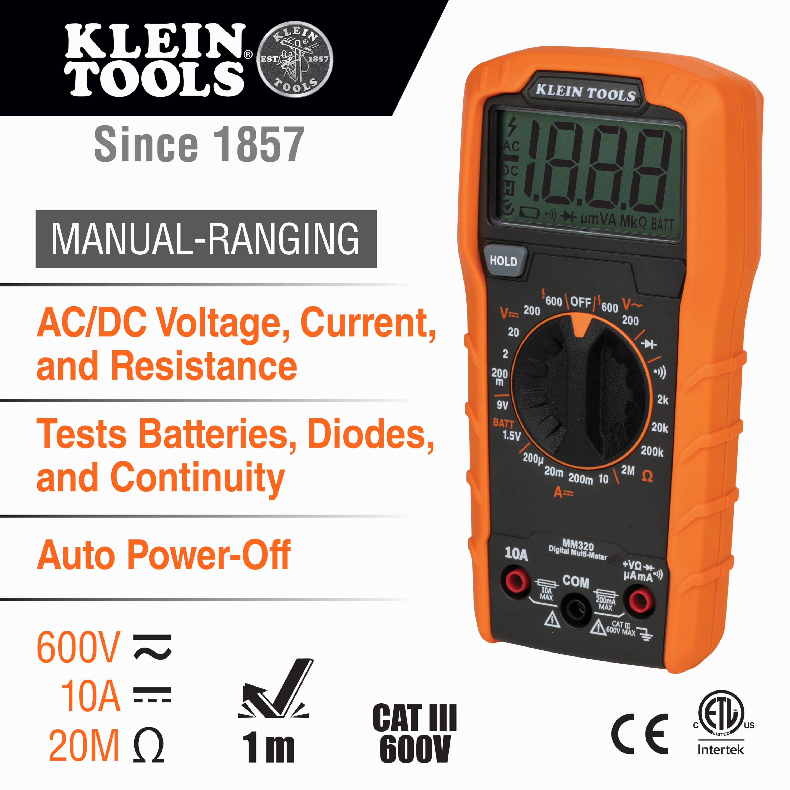 Product feature infographic for the Klein Tools MM320 manual-ranging digital multimeter. Key highlights include AC/DC voltage, current, and resistance measurement, battery and diode testing, and auto power-off. Icons verify a 1-meter drop protection and CAT III 600V safety rating.