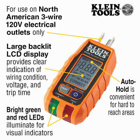 An informative diagram of the RT250 GFCI outlet tester for North American 3-wire 120V outlets. It highlights the large backlit LCD for voltage and trip time, an auto-hold feature for difficult angles, and bright green and red LEDs for clear visual wiring fault indicators.