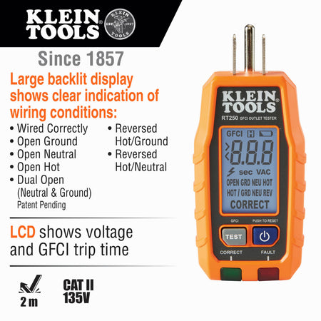 Close-up detail of the RT250 GFCI receptacle tester display and features. The infographic lists detectable wiring conditions including open ground, open neutral, and patent-pending dual open neutral and ground detection. It specifies a 2-meter drop protection and CAT II 135V safety rating.