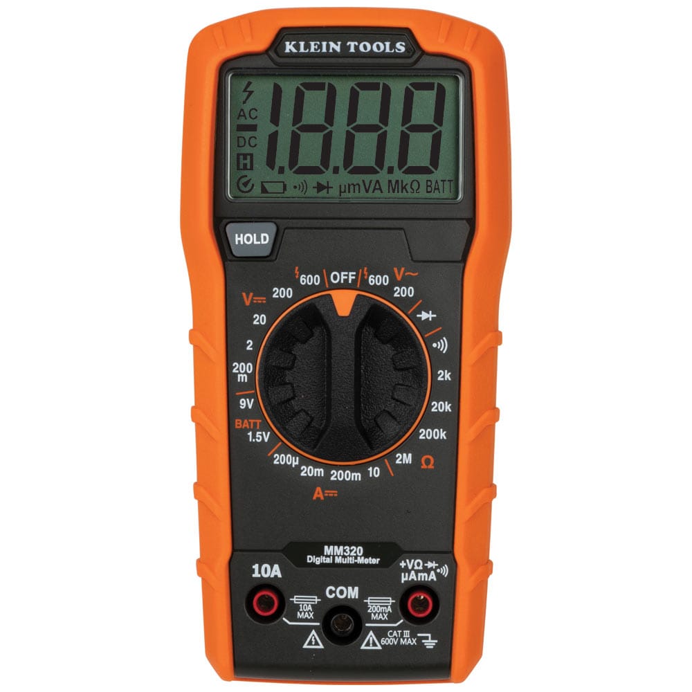 Full-frame front view of the MM320 manual-ranging digital multimeter. The 2000-count LCD screen is shown with all segments active, and the input terminals for 10A max and common leads are clearly visible at the bottom.