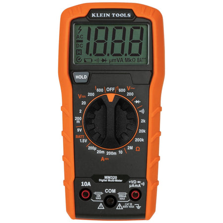 Full-frame front view of the MM320 manual-ranging digital multimeter. The 2000-count LCD screen is shown with all segments active, and the input terminals for 10A max and common leads are clearly visible at the bottom.