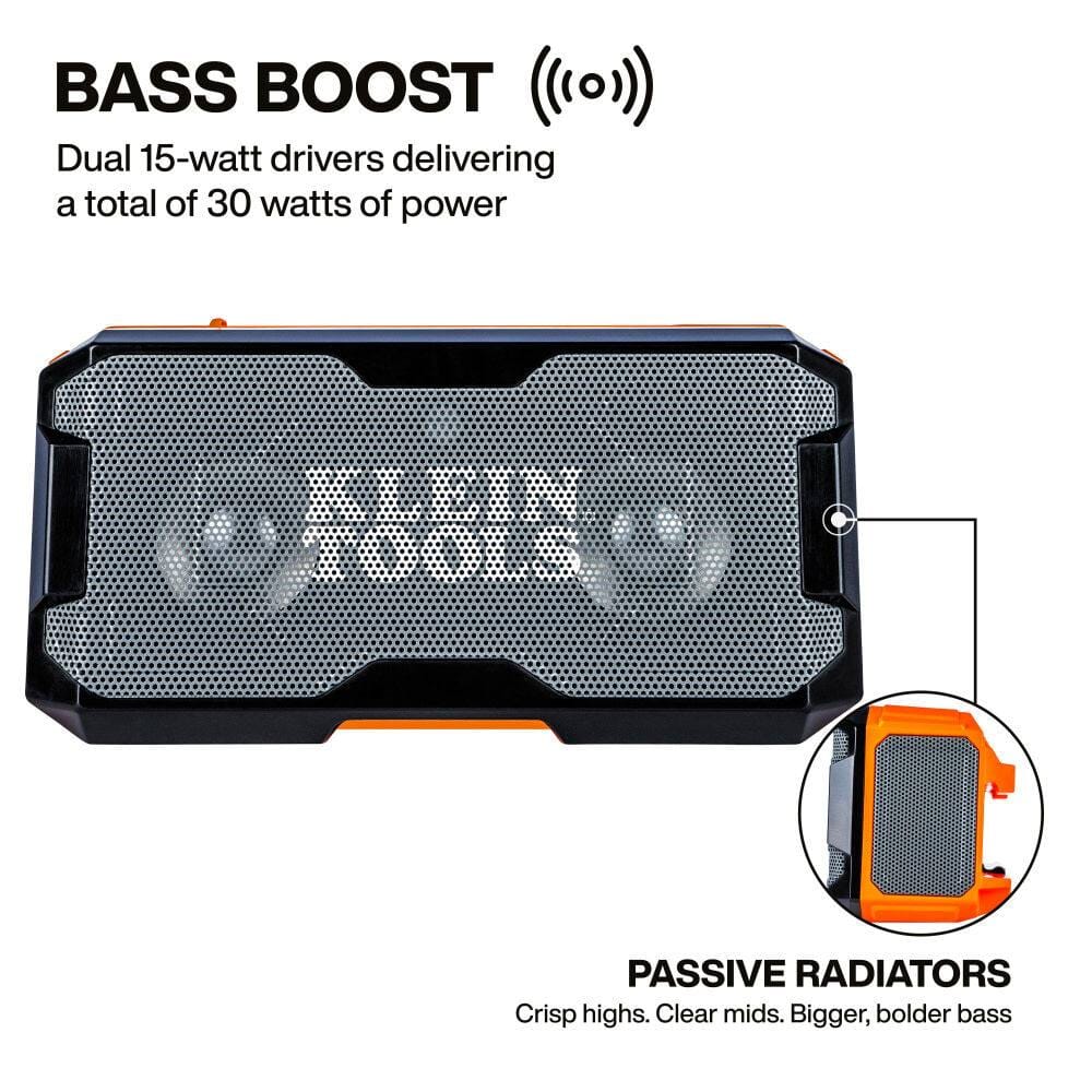 Infographic diagram illustrating the Bass Boost feature, labeling the dual 15-watt drivers and passive radiators that create crisp highs and bolder bass.