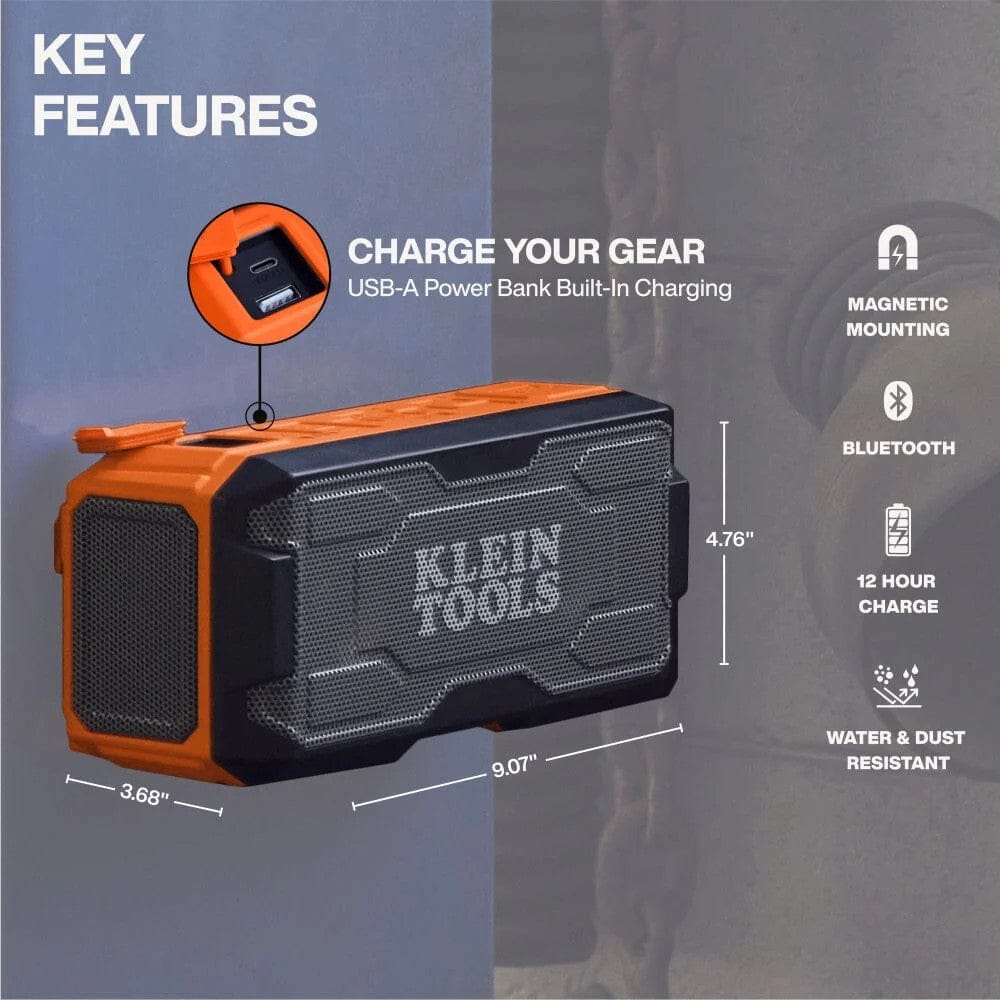 Key features infographic displaying the speaker's dimensions, built-in power bank charging, magnetic mounting, Bluetooth connectivity, and water and dust resistance.
