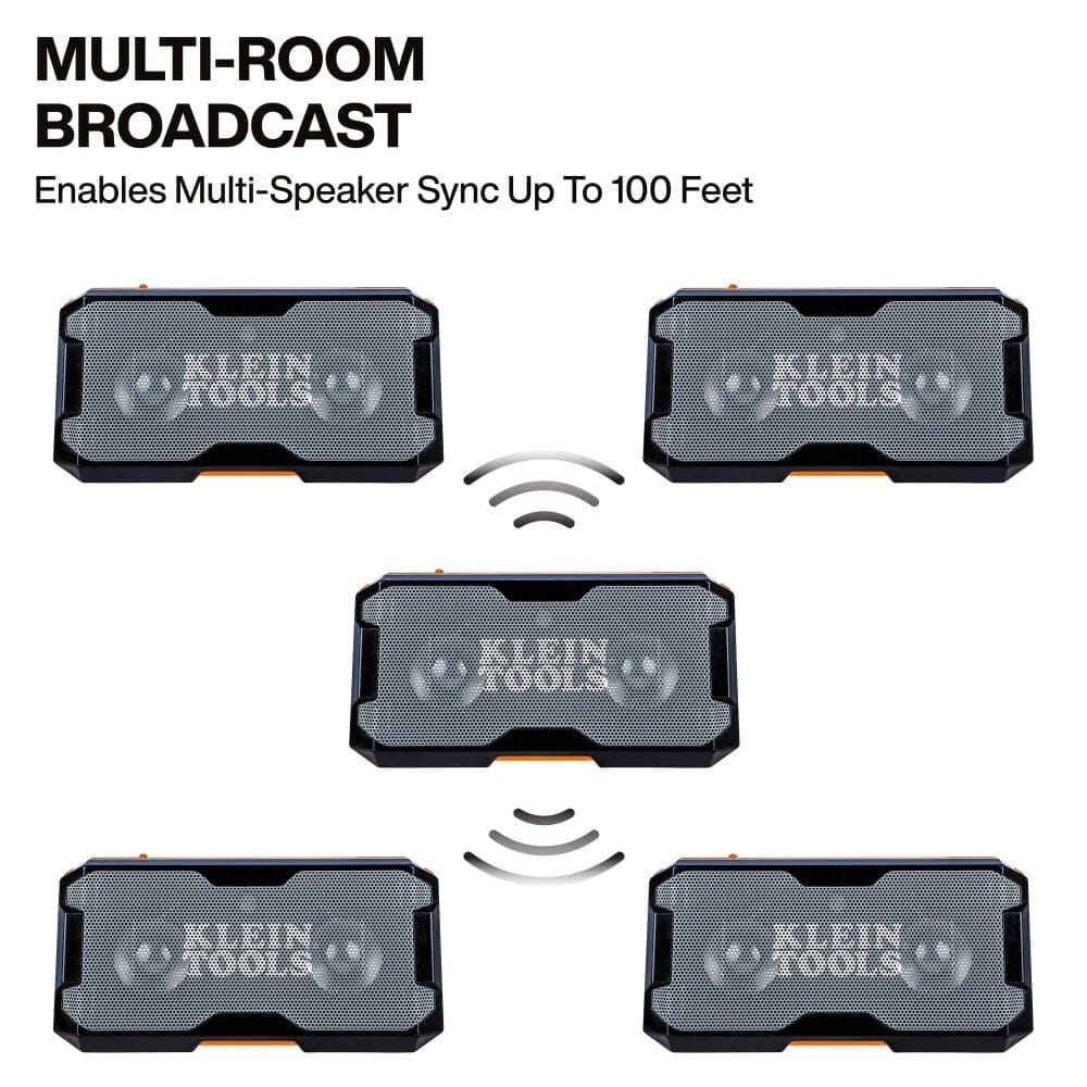 Diagram demonstrating the Multi-Room Broadcast feature, showing a central speaker wirelessly syncing with four additional speakers up to 100 feet away.