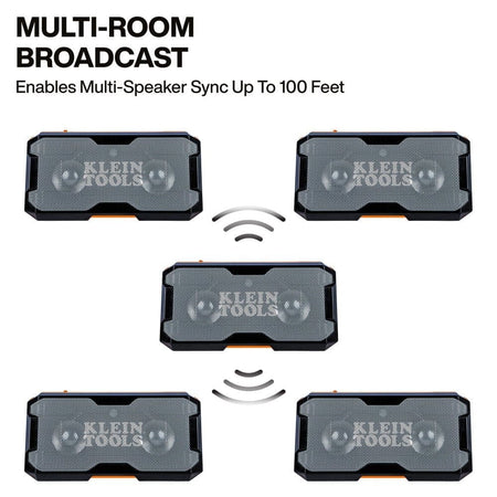Diagram demonstrating the Multi-Room Broadcast feature, showing a central speaker wirelessly syncing with four additional speakers up to 100 feet away.