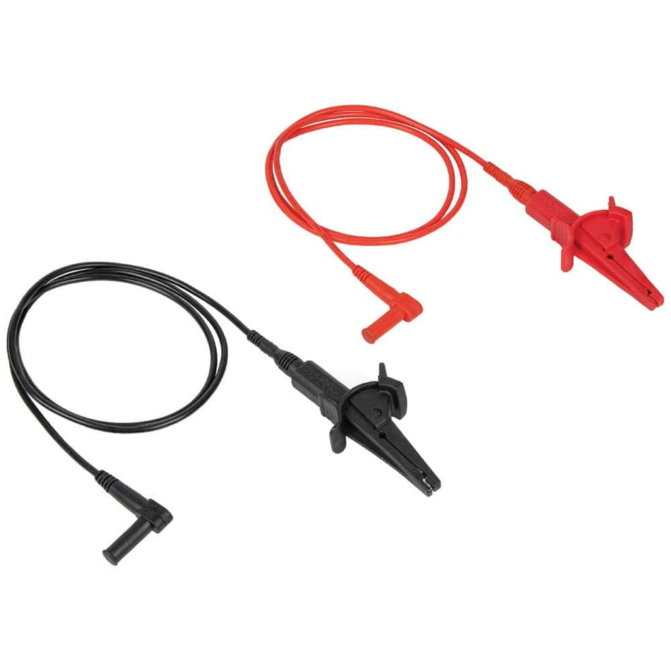 Product layout of the Klein Tools 69381 Heavy-Duty Alligator Clip Test Lead set. The image features one red and one black 3-foot lead with right-angle banana plugs and integrated high-tension alligator clips designed for professional industrial electrical testing.