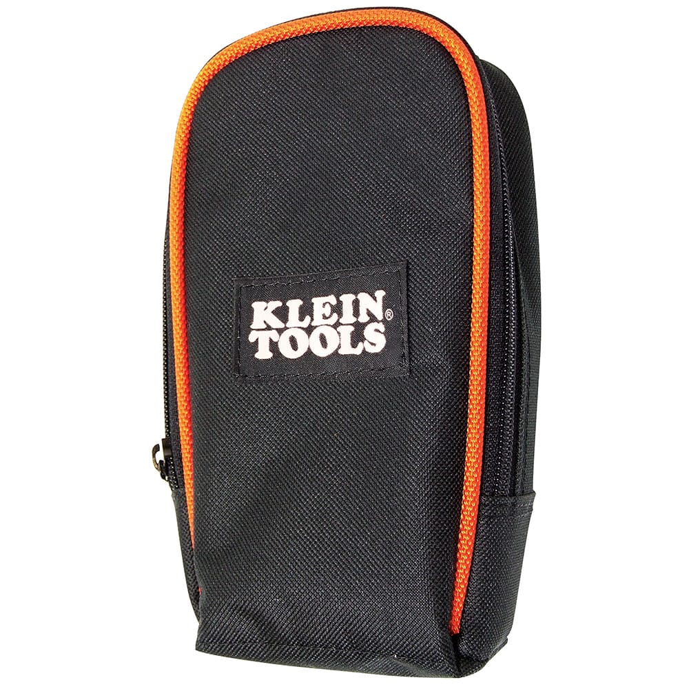 A studio product view of the Klein Tools 69401 carrying case for multimeters and testers. The black heavy-duty nylon pouch is shown with high-visibility orange piping and a rugged zippered closure, designed for professional tool protection.