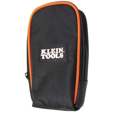 A studio product view of the Klein Tools 69401 carrying case for multimeters and testers. The black heavy-duty nylon pouch is shown with high-visibility orange piping and a rugged zippered closure, designed for professional tool protection.