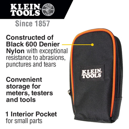 Product feature infographic for the Klein Tools 69401 multimeter case highlighting its 600D nylon construction and heavy-duty PVC zipper with a zinc alloy tag. The graphic callouts emphasize the exceptional resistance to abrasions, punctures, and tears for jobsite durability.