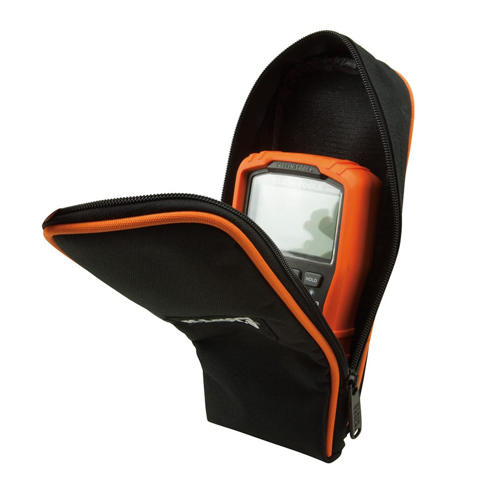 Full perspective view of the 69401 protective meter bag. This image showcases the slim profile and robust 600D nylon material, designed by electricians for electricians to securely store digital multimeters and clamp meters.