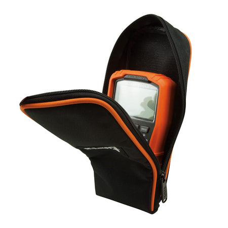 Full perspective view of the 69401 protective meter bag. This image showcases the slim profile and robust 600D nylon material, designed by electricians for electricians to securely store digital multimeters and clamp meters.