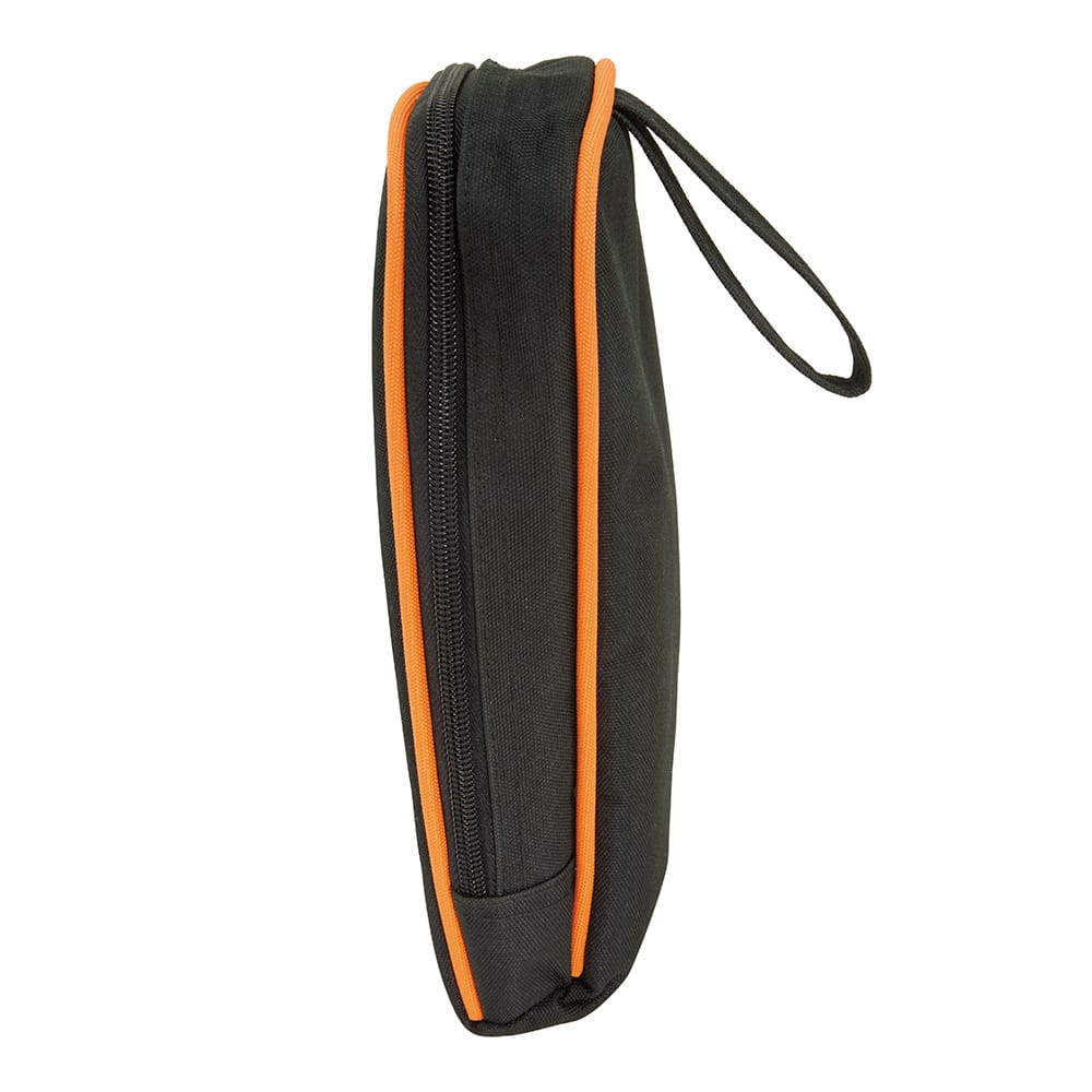 Close-up detail of the 69401 case with a Klein Tools multimeter safely nested inside. The view highlights the protective internal padding and the secure fit for standard handheld electrical testing equipment.