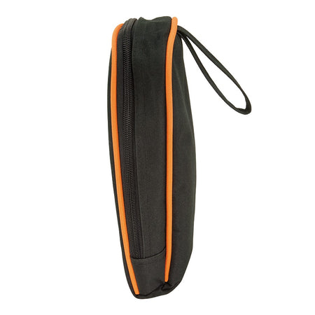Close-up detail of the 69401 case with a Klein Tools multimeter safely nested inside. The view highlights the protective internal padding and the secure fit for standard handheld electrical testing equipment.