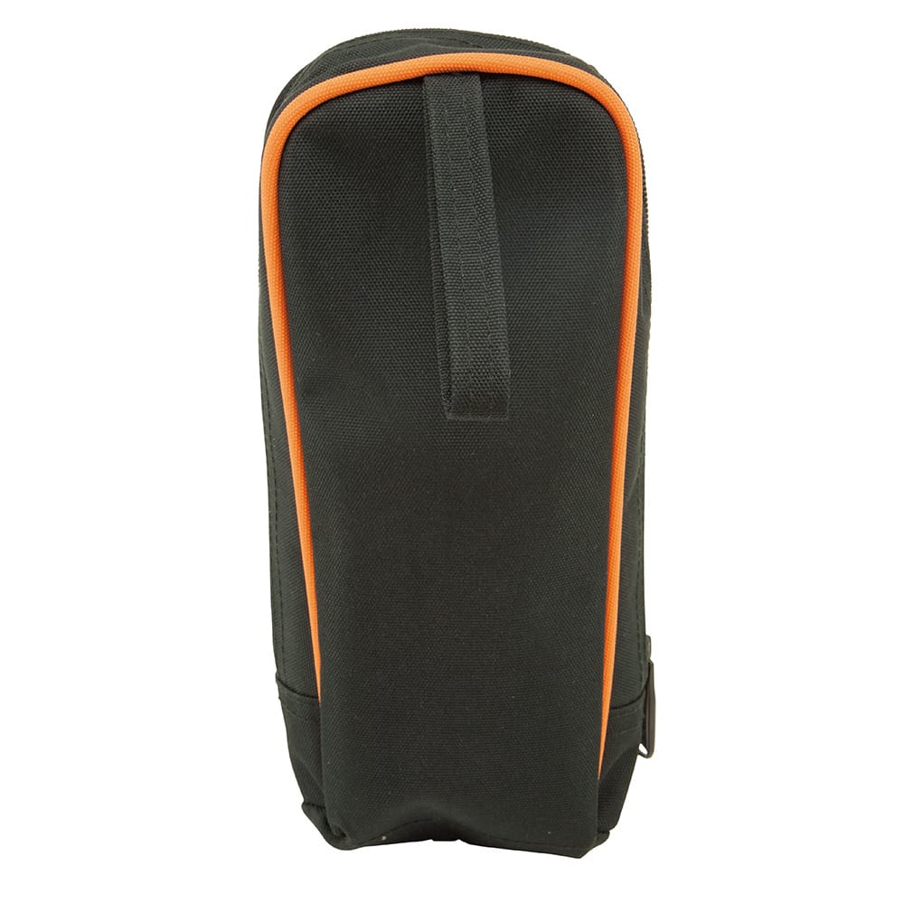Overhead view of the Klein Tools 69401 carrying case showing the high-quality stitching and the industrial zinc alloy zipper tag. The case is designed to hold a wide range of test and measurement products in high-demand field service environments.