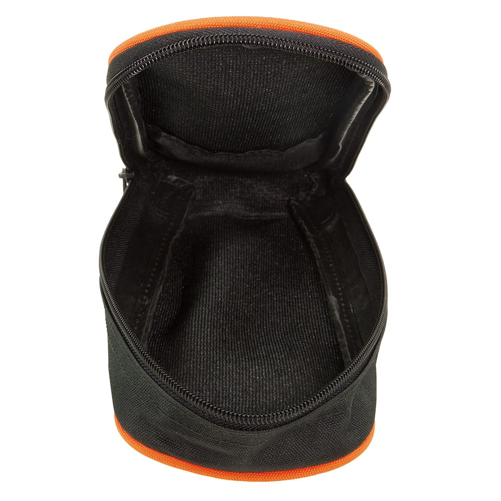 Frontal profile of the 69401 black and orange multimeter pouch. The image emphasizes the high-impact construction and the professional aesthetic that matches the standard line of Klein Tools diagnostic equipment.