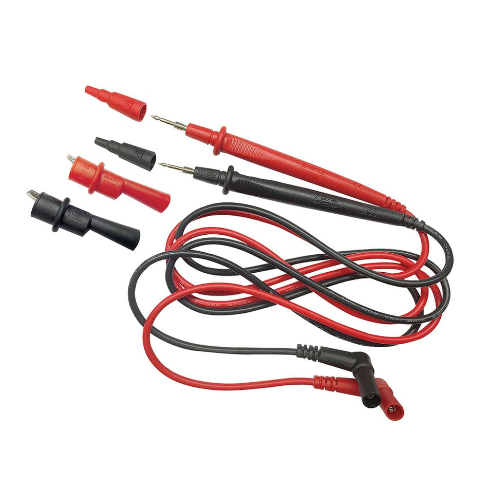 Full view of the 41-inch test leads emphasizing the right-angle connector style. This design reduces strain at the multimeter input port, while the fine-point probes with safety guards provide precision and user protection in CAT III 1000V and CAT IV 600V environments.