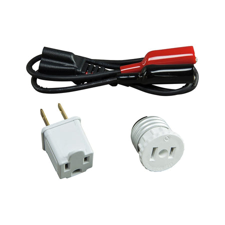 A studio shot of the Klein Tools 69411 Circuit Breaker Finder Accessory Kit featuring three specialized adapters. The kit includes a high-quality light socket adapter for lighting circuits, a pair of red and black insulated alligator clip leads for bare-wire tracing, and a white 3-prong to 2-prong grounding adapter.