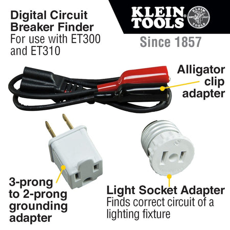 A product infographic for the Klein Tools 69411 kit highlighting its compatibility with the ET300 and ET310 digital circuit breaker finders. Callouts identify the alligator clip adapter, the light socket adapter for finding the correct circuit of a lighting fixture, and the 3-prong to 2-prong grounding adapter for older electrical systems.