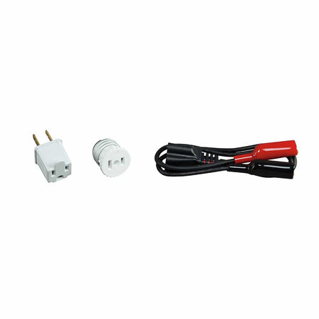 A wide-angle product layout showing the three included components of the 69411 accessory kit. The image emphasizes the professional-grade construction of the light socket adapter, the heavy-duty alligator clip leads, and the standard electrical outlet adapter designed for comprehensive circuit tracing.