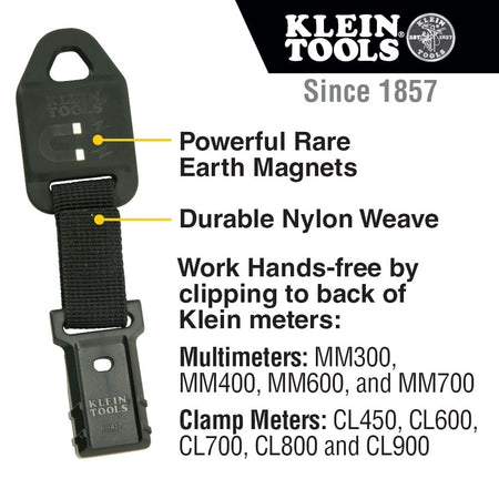Product feature graphic for the Klein Tools 69417 magnetic hanger highlighting the powerful rare-earth magnets and durable nylon weave construction. The text confirms compatibility for hands-free use with MM series multimeters (MM300-MM700) and CL series clamp meters (CL450-CL900).