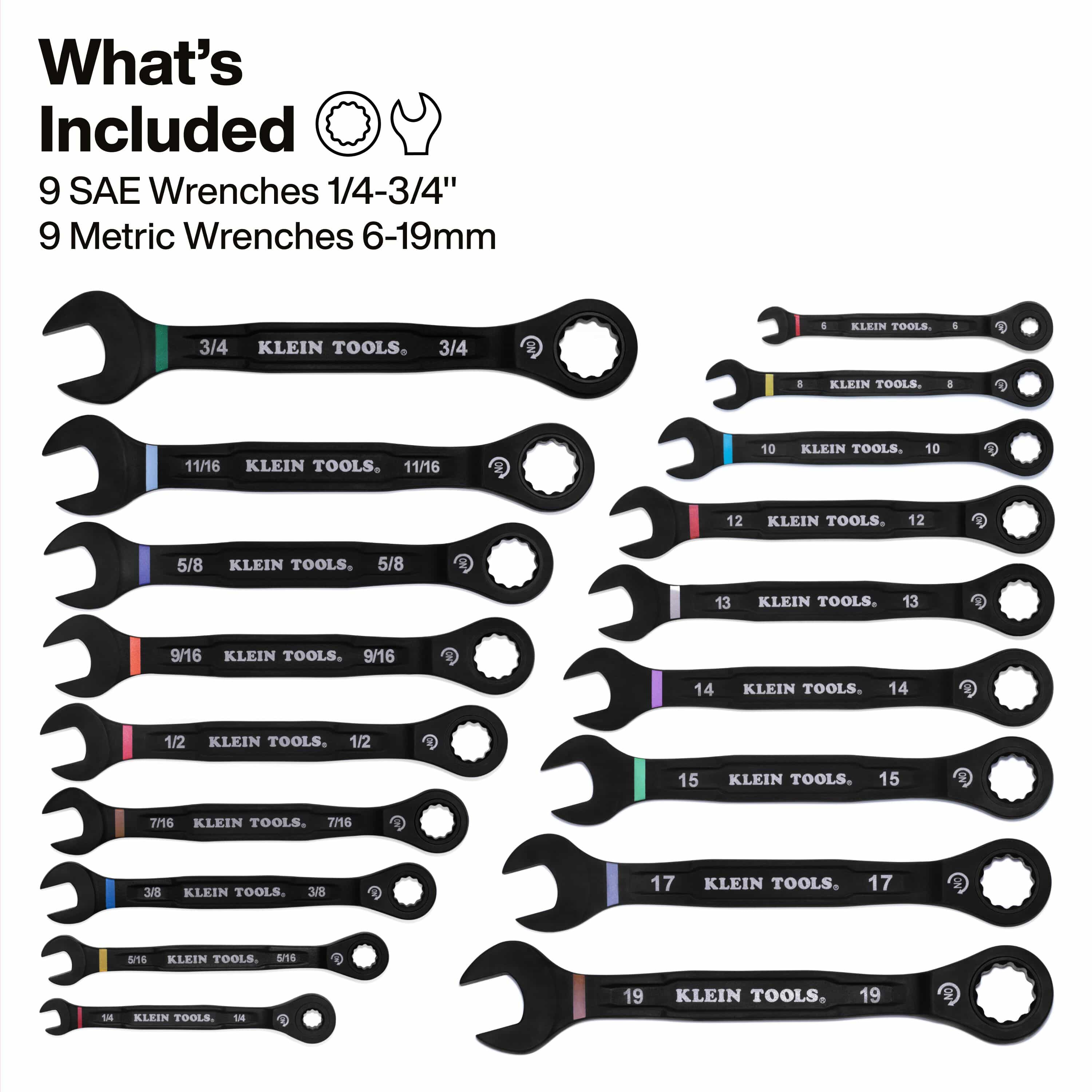 A component breakdown image detailing the full 18-piece set, which includes SAE wrenches ranging from 1/4-inch to 3/4-inch and Metric wrenches ranging from 6mm to 19mm, all featuring 12-point ratcheting box ends and open ends.